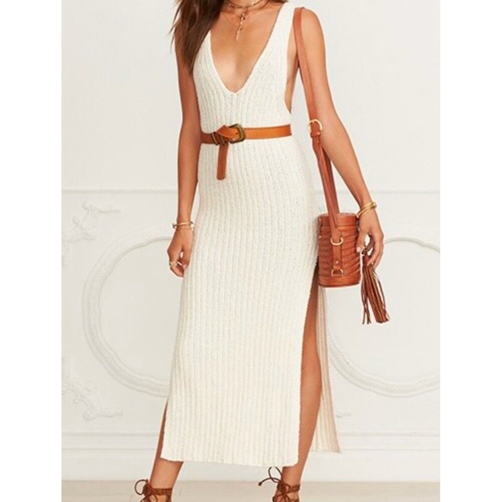 Free People Emmy Ribbed Knit Casual Dual Slit Dress Ivory Sz Large